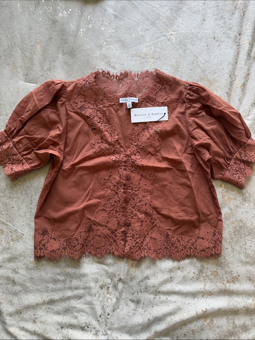 Maison d'Auguste Rust Lace-Detail Puff Sleeve Blouse